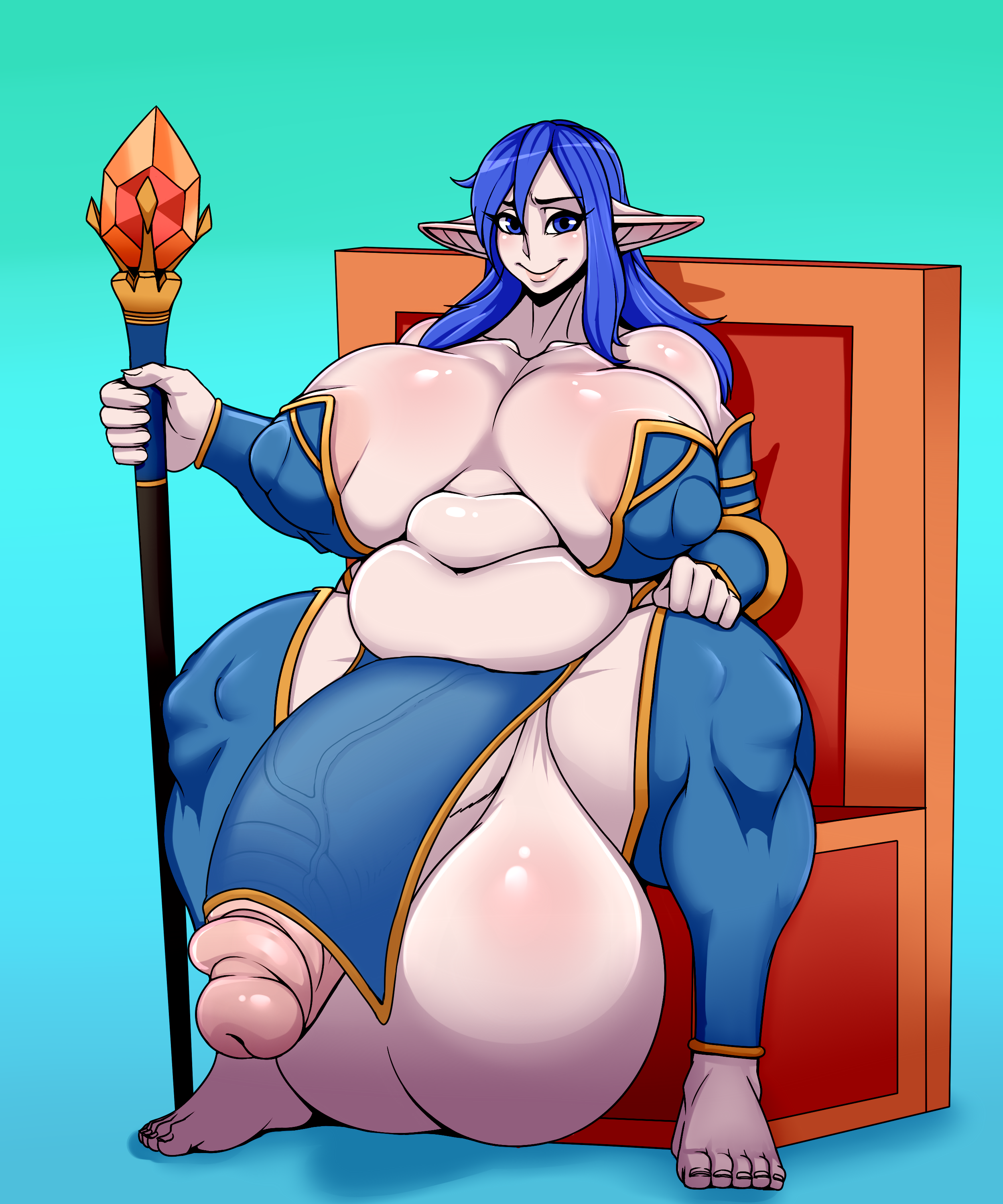 1futa, areolae, balls, ber00, breasts, cleavage, dickgirl, elf, erection under clothes, futa only, futanari, huge balls, huge breasts, huge cock, huge testicles, hyper balls, hyper penis, intersex, looking at viewer, overweight, overweight futa, penis, penis under clothes, solo, solo futa, spread legs, testicles, thighhighs