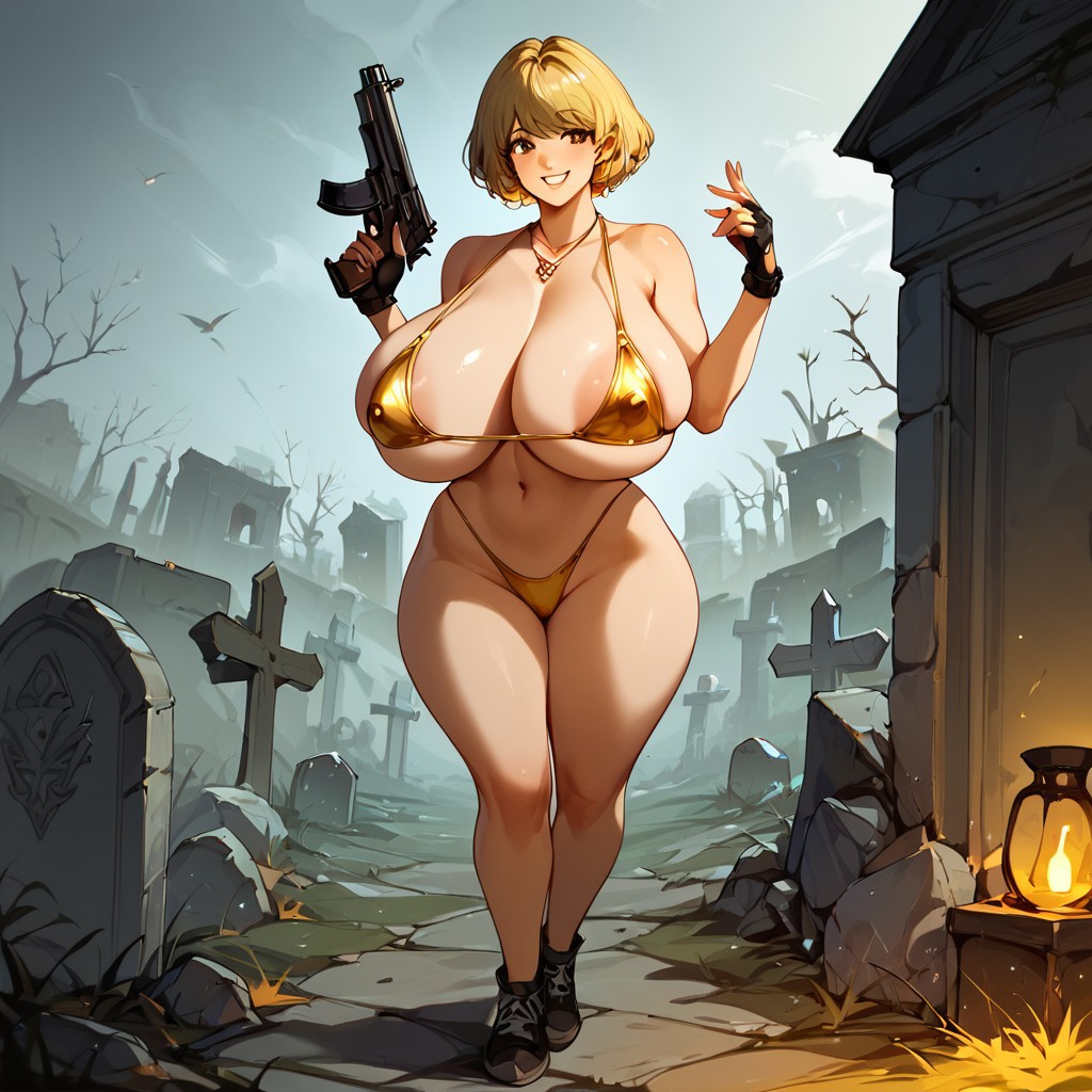 2024 ai_assisted ai_generated ashley_graham ashley_graham_(ella_freya) black_shoes blaste blonde_female blonde_hair brown_eyes capcom confused_look confusion exposed_areolae female female_focus female_only fingerless_gloves golden_bikini graveyard gun holding_weapon huge_breasts micro_bikini necklace pistol resident_evil resident_evil_4 resident_evil_4_remake smile smiling smiling_at_viewer solo_female thick_thighs tiny_waist wide_hips