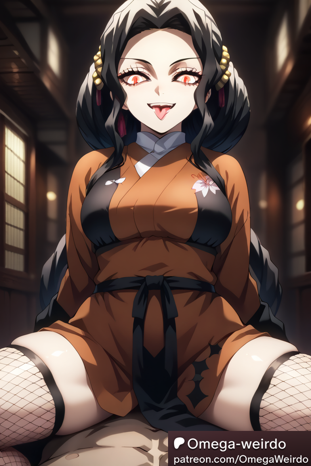 1girl1boy ai_generated big_breasts black_hair demon_eyes demon_girl demon_slayer disguise female female_muzan hair_ornament kimono muzan_kibutsuji omega-weirdo patreon red_eyes rule_63 slit_pupils straddling thighhighs tongue_out