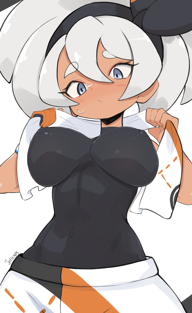 1girls bare_arms bare_shoulders bea_(pokemon) big_breasts blush clothed clothing color dark-skinned_female dark_skin female female_focus female_only game_freak grey_eyes grey_hair gym_leader hi_res jellcaps large_breasts looking_at_viewer nintendo nipples_visible_through_clothing pokemon pokemon_ss pokemon_trainer short_hair solo solo_female tagme thick_thighs