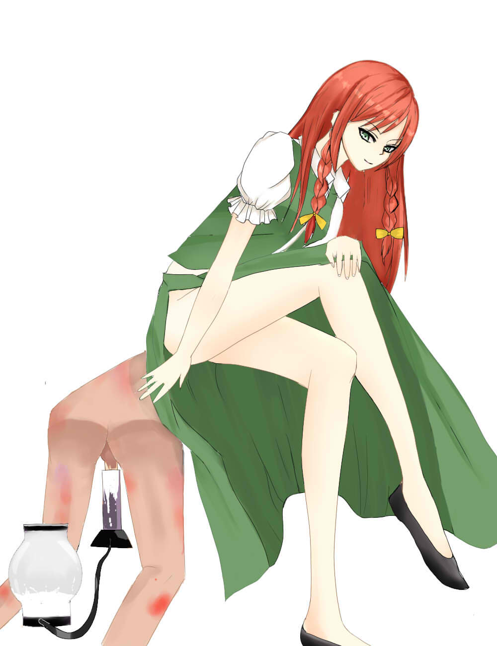 bare_legs clothed_female_nude_male crossed_legs cum femdom hong_meiling malesub milking neriaisu no_panties red_hair reverse_bullying semen sitting_on_person smile touhou white_background