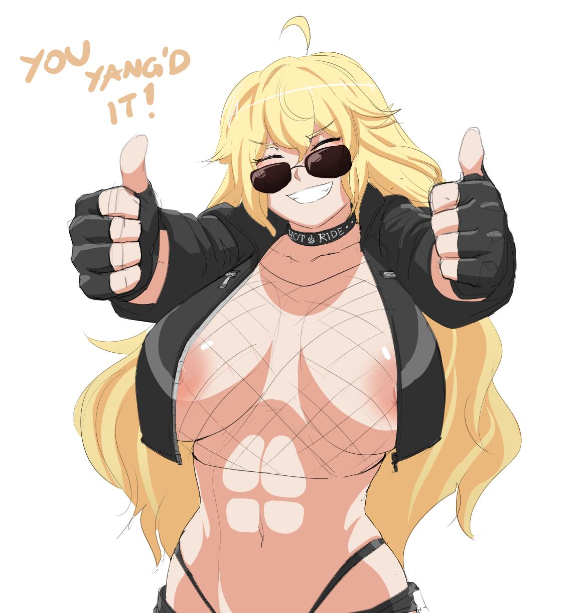 1girls, abs, ahoge, alternate breast size, alternate outfit, areola slip, areolae, belly, big breasts, big nipples, black panties, blonde hair, breasts, brown-tinted eyewear, choker, cleavage, clothed, female, female only, fingerless gloves, fishnet, fishnets, fit, g-string, grin, highleg, huge breasts, human, jacket, long hair, looking over eyewear, looking over glasses, looking over sunglasses, muscular, muscular female, naughty face, navel, nipple slip, nipples, panties, revealing clothes, rwby, seductive, seductive smile, sinccubi, skimpy clothes, smile, solo, standing, sunglasses, teeth, text, thick thighs, thong, thumbs up, tinted eyewear, voluptuous, white background, wide hips, yang xiao long