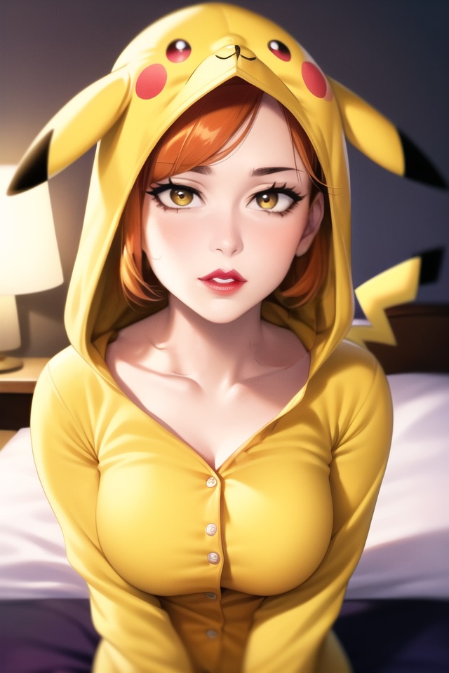 1girls ai_generated bedroom big_breasts cleavage cosplay cute cute_face cute_girl eye_contact face_focus female female_only ginger_hair jujutsu_kaisen kugisaki_nobara lipstick pale-skinned_female pikachu_(cosplay) pov pov_eye_contact seductive_eyes