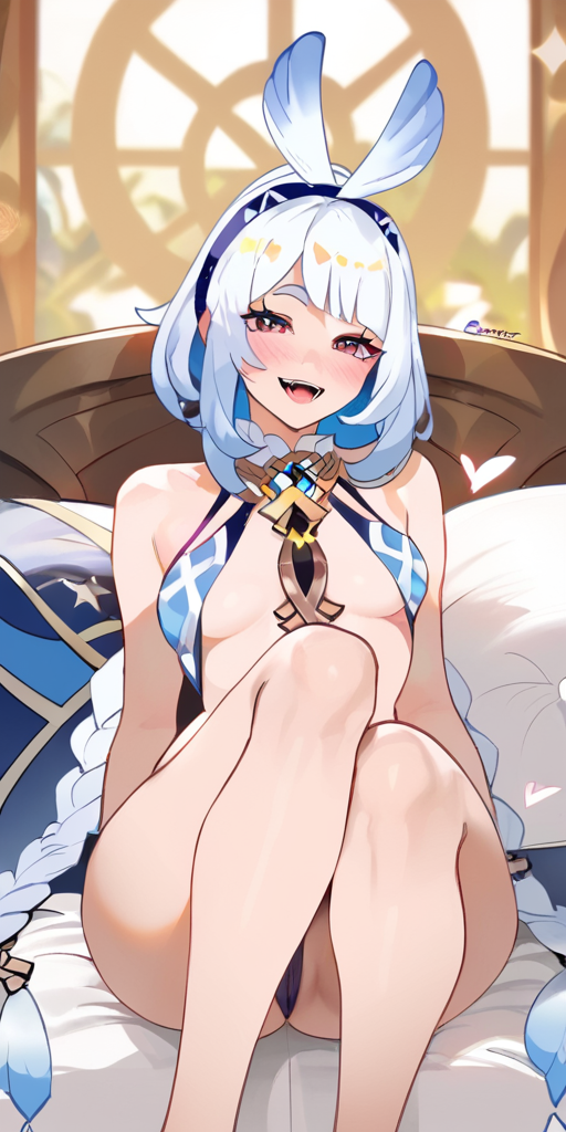 ai_generated ass bare_ass bare_legs bare_shoulders bare_thighs bed bedroom blue_bikini blue_hair blush boob_window bra collar cute genshin_impact headband headgear headwear mualani_(genshin_impact) on_bed ornament pale-skinned_female pale_skin panties pink_eyes red_eyes self_upload short_hair sitting smile swimsuit white_body white_hair white_skin