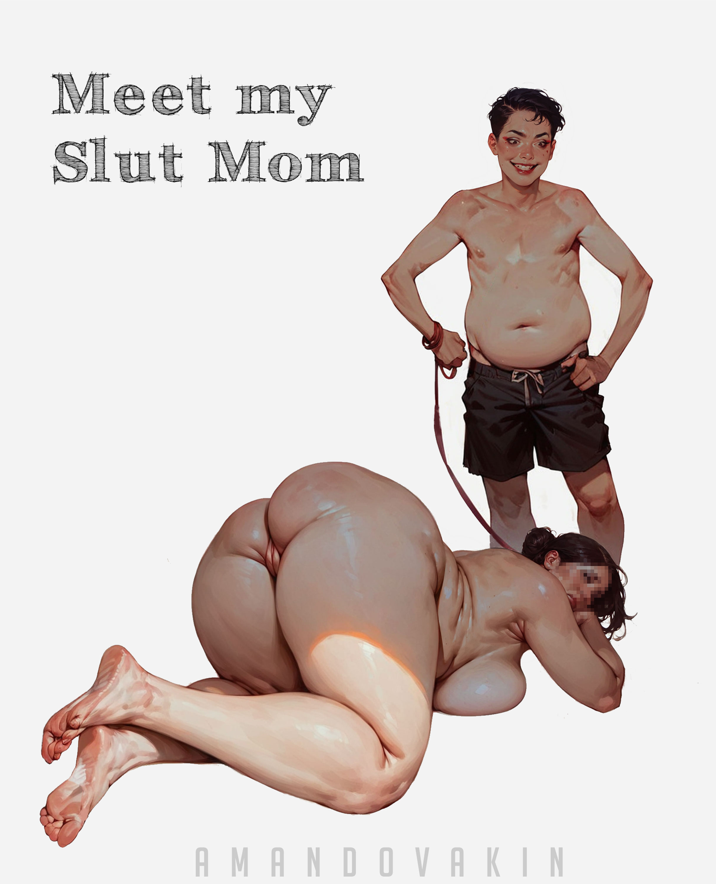ai generated, amandovakinai, ass, big ass, cuckold, doggy style, female, incest, larger female, leash, male, milf, mommy kink, mother and son, older female, slave