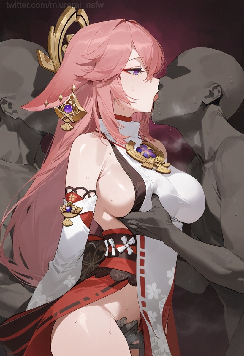 ai generated, ai hands, breasts, dark skin, dark-skinned male, female, french kissing, genshin impact, groping, groping breasts, interracial, kissing, male, masturbation, open clothes, pink hair, purple eyes, pussy, rubbing pussy, saliva, sideboob, tongue, tongue out, touching breast, yae miko