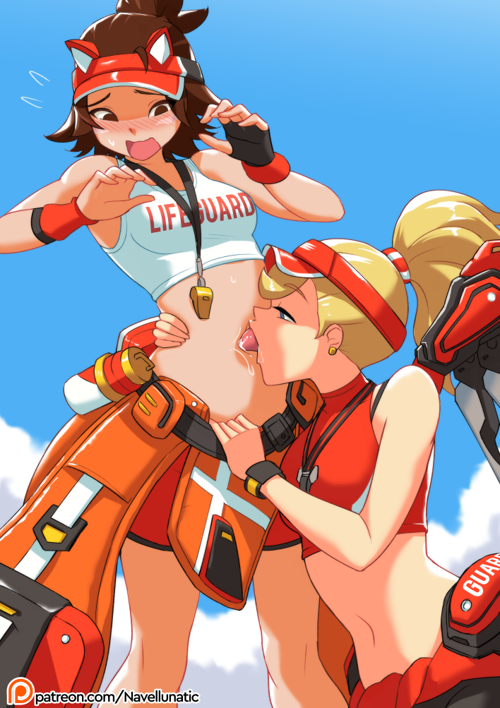 2girls belly_button blizzard_entertainment blonde_hair blue_eyes blush breasts brown_eyes brown_hair clothed clothing female female_only guard_uniform innie_belly_button innie_navel kiriko_(overwatch) mercy midriff multiple_girls navel navel_fetish navel_licking navellunatic overwatch patreon_url patreon_username stomach tongue tongue_out yuri