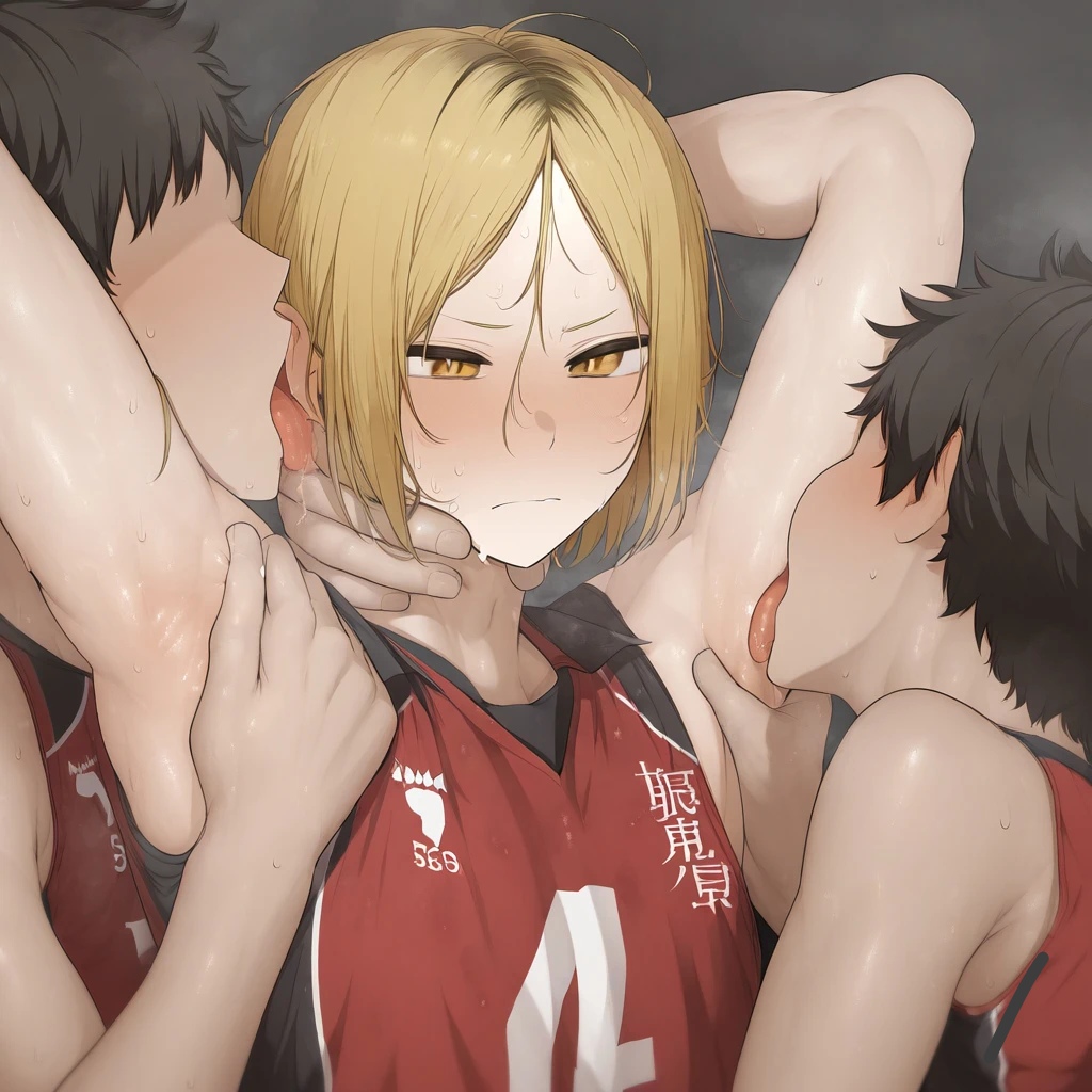 3boys ai_generated blonde_hair blush blushing haikyuu!! kenma_kozume licking licking_armpit licking_ear m/m male_only shy sportswear steaming sweat sweating threesome volleyball_player volleyball_uniform