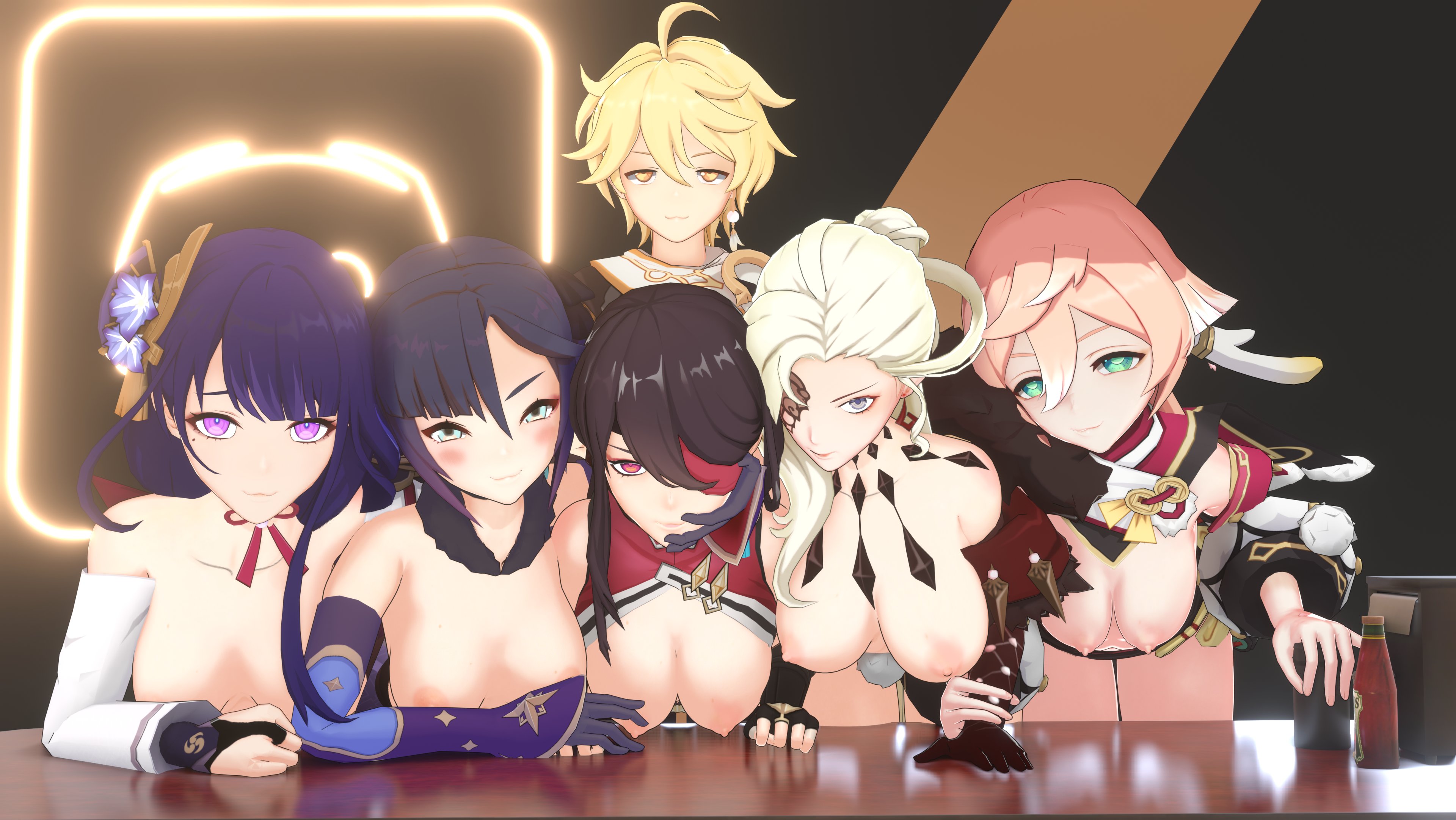 1boy, 3d, 5girls, aether (genshin impact), beidou (genshin impact), bent over, black hair, blonde hair, blush, earrings, eyepatch, female, functionally nude, functionally nude female, genshin impact, gloves, green eyes, hair ornament, harem, jewelry, leaning forward, long hair, looking at viewer, male, mona (genshin impact), partially clothed, purple eyes, purple hair, raiden shogun, red hair, setsunafox69, short hair, signora (genshin impact), tagme, yanfei (genshin impact), yellow eyes