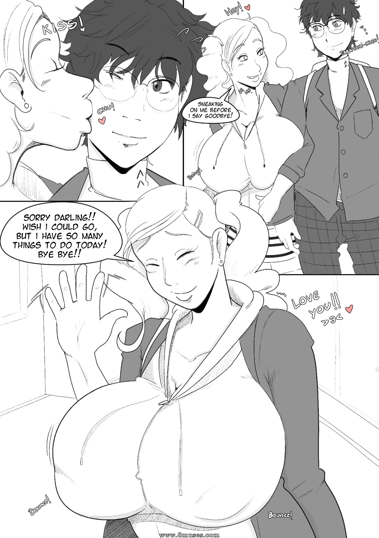 1boy, 1girls, ann takamaki, atlus, big breasts, bittercream, black and white, breasts, female, joker (persona), kissing, lipstick, male, megami tensei, netorare, nipples, persona, persona 5, ren amamiya, tagme