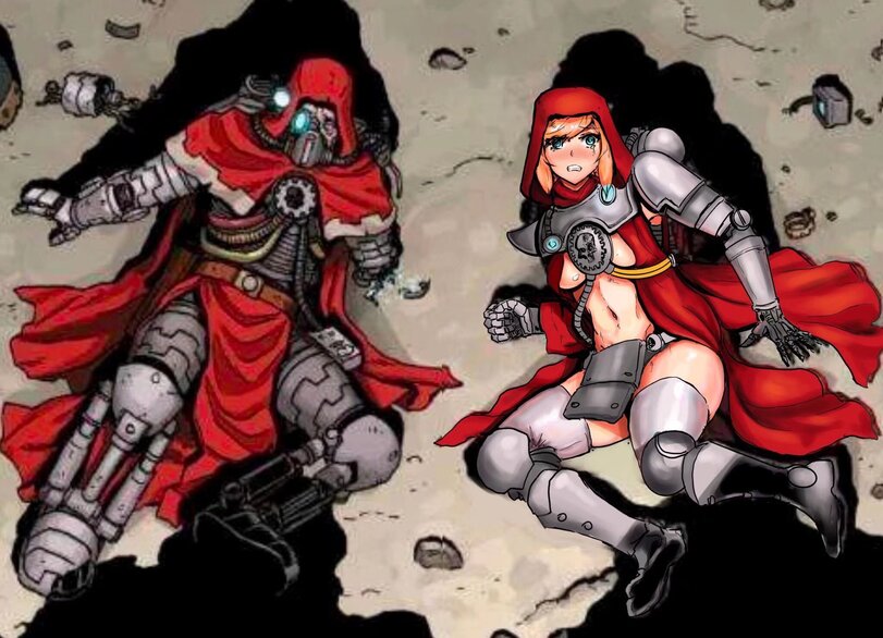 1boy 1girls adeptus_mechanicus female imperium_of_man looking_at_viewer outline shadow shadow_outline silhouette techpriest warhammer_(franchise) warhammer_40k