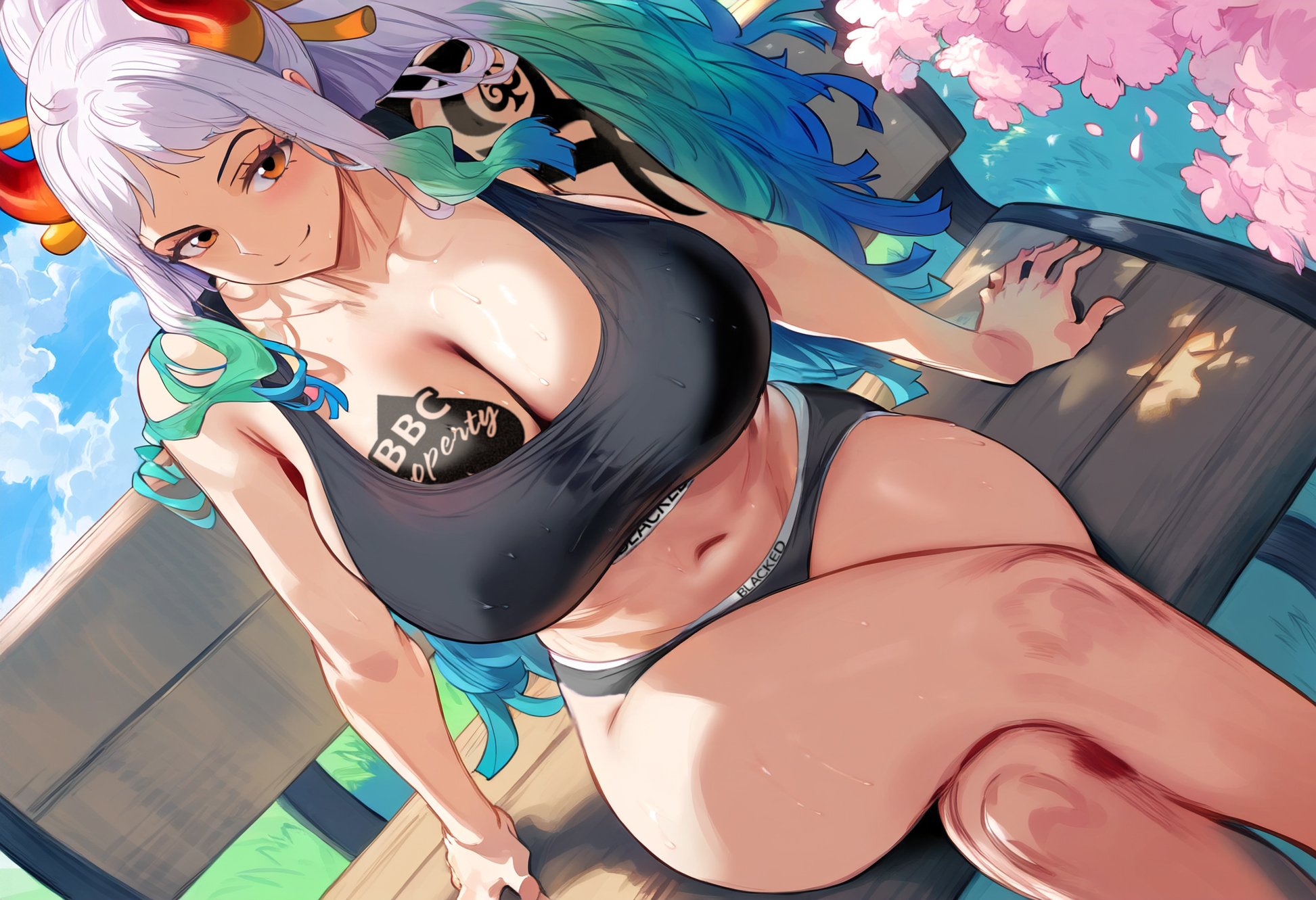 1girls, ai generated, blacked, blacked clothing, breasts, crossed legs, female, female only, himeno, horn, huge breasts, large breasts, one piece, qos, qos tattoo, queen of spades, queen of spades symbol, queen of spades tattoo, sitting, snowbunny, solo, solo female, white hair, yamato (one piece)