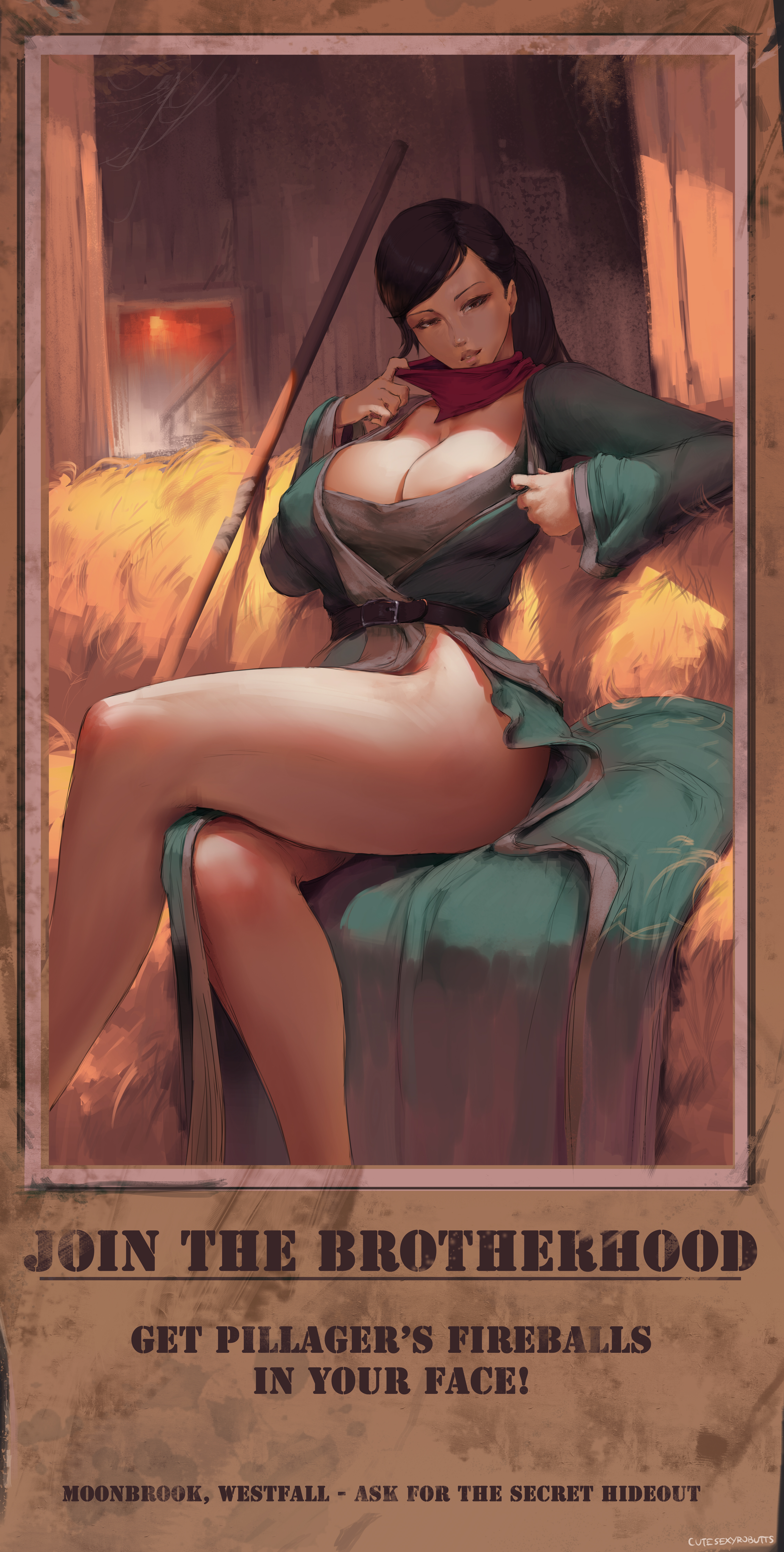 1girls, areola slip, bandit, belt, black eyes, black hair, breasts, cleavage, clothed, clothing, crossed legs, curvaceous, curvy, cutesexyrobutts, dress, english text, female, female only, hay, knees, large breasts, legs, legs crossed, long legs, looking at viewer, outlaw, poster, scarf, seductive, side slit, sign, sitting, smile, smug, solo, stable, staff, text, thick thighs, thighs, undressing, vanessa vancleef, voluptuous, wide hips, world of warcraft