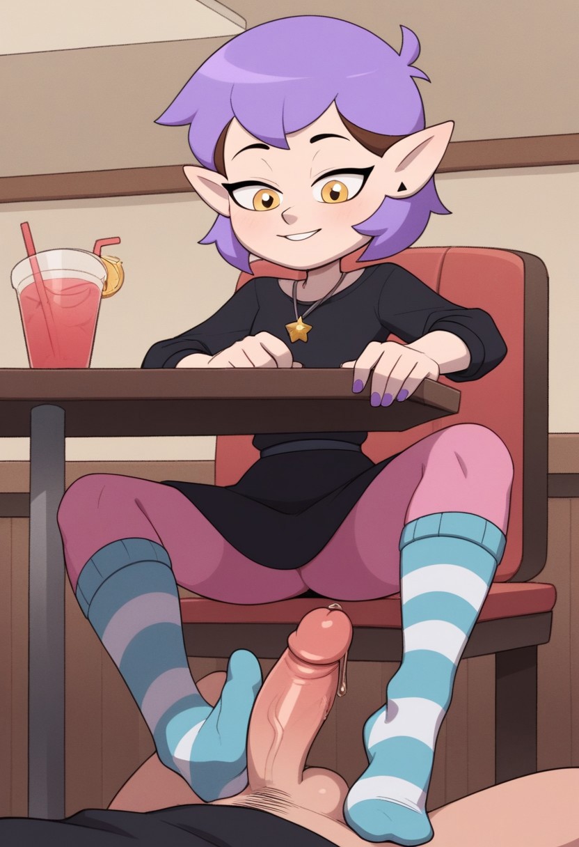 1boy 1girls ai_generated amity_blight feet female footjob footjob_with_legwear male penis precum purple_fingernails purple_hair resturant socks the_owl_house uncensored under_the_table