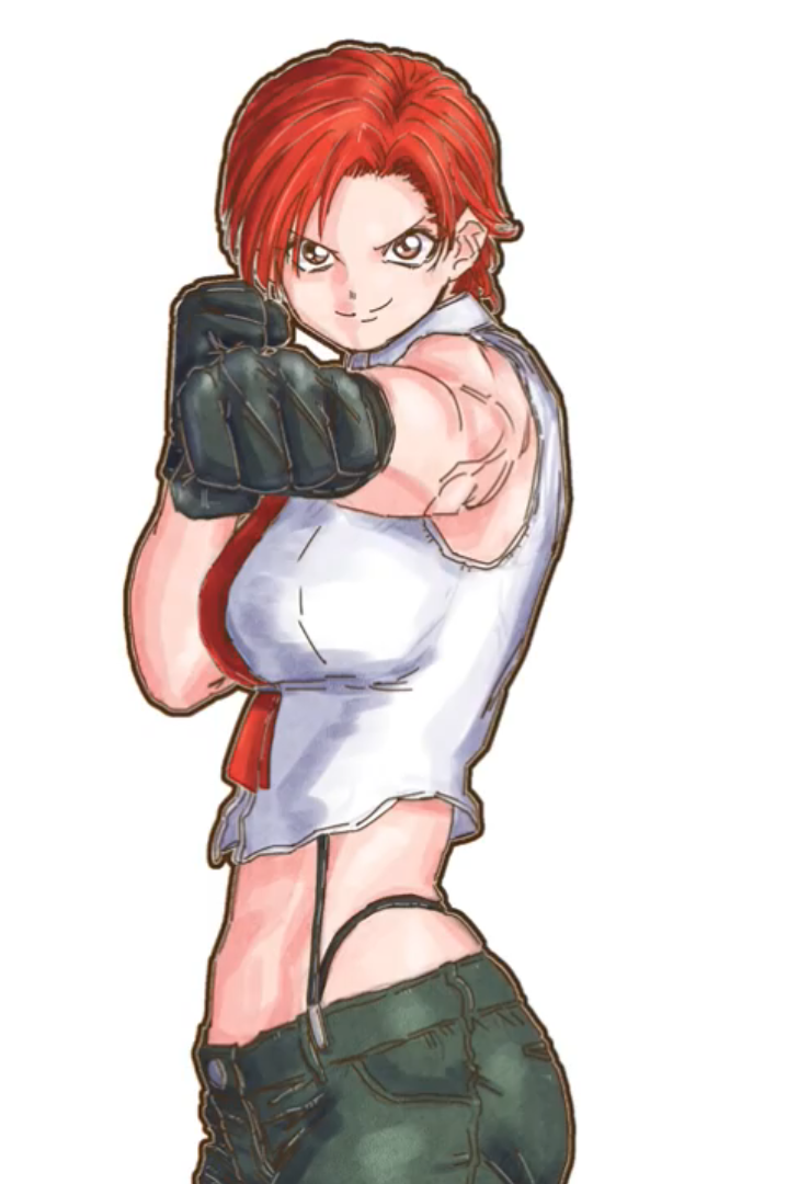 big_butt brown_eyes female gloves king_of_fighters light_skin pants red_eyes red_hair shirt short_hair skinny_waist tie vanessa_(kof) white_shirt