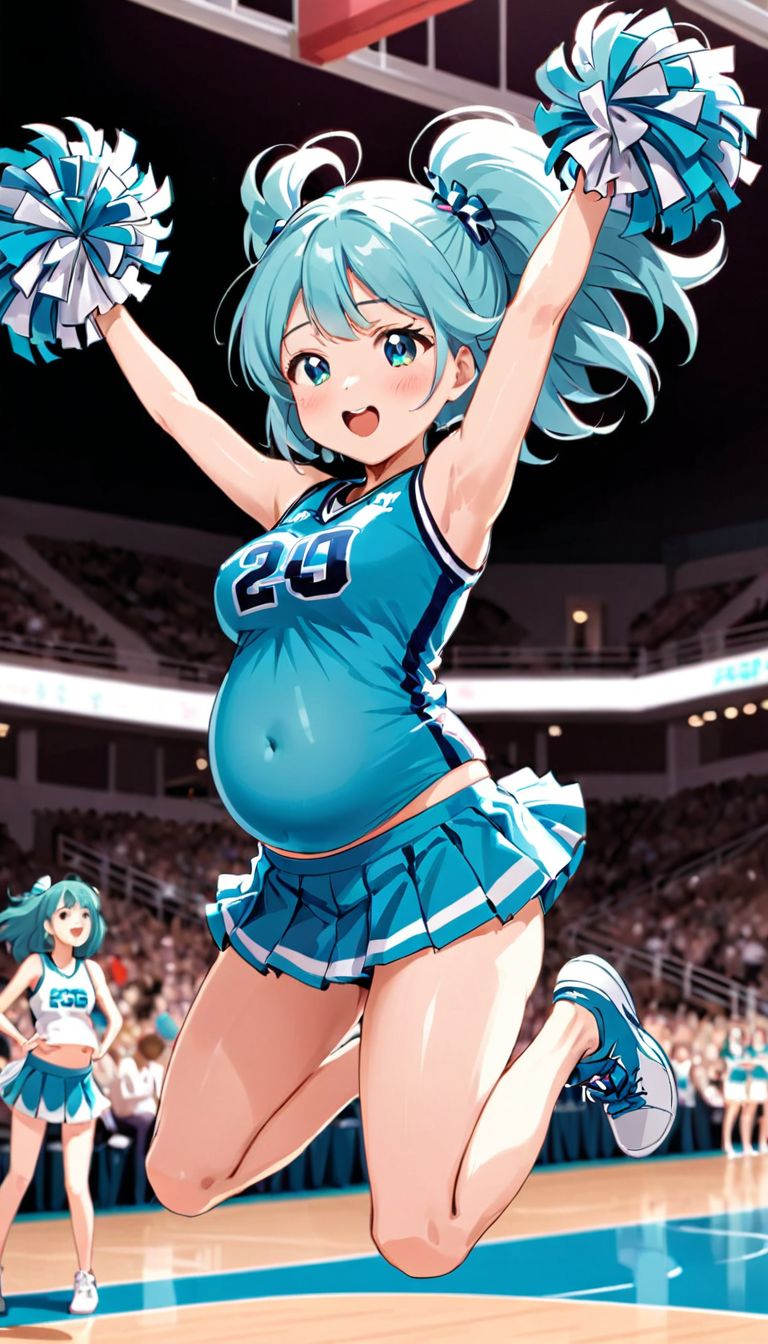 ai_generated basketball_court blue_eyes blue_hair cheerleader cheerleader_outfit cheerleader_uniform pom_poms pregnant