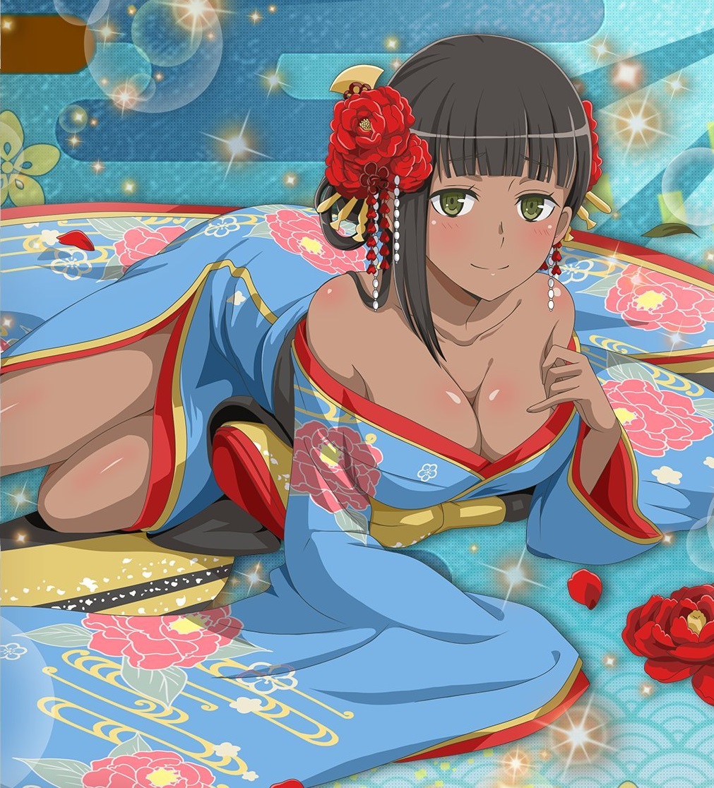 1girls alternate_hairstyle amazon blush blush brown_hair cleavage dark-skinned_female dungeon_ni_deai_wo_motomeru_no_wa_machigatteiru_darou_ka earrings female female_only flower_in_hair green_eyes kimono large_breasts long_hair lying lying_on_stomach shiny_skin smiling thick_thighs thighs tione_hiryute