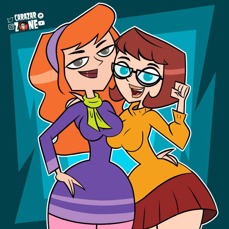 2girls ally_(disventure_camp) carazar_zone cosplay daphne_blake_(cosplay) disventure_camp female female_focus female_only hand_on_hip human human_only light-skinned_female light_skin medium_breasts odd_nation_cartoons orange_hair orange_shirt purple_shirt red_skirt scooby-doo source_request tess_(disventure_camp) velma_dinkley_(cosplay)