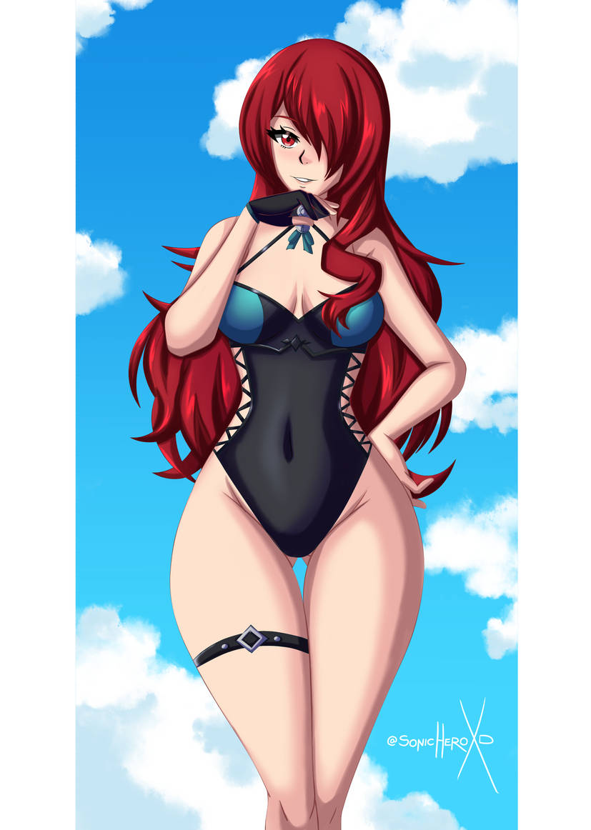 1girls black_one-piece_swimsuit black_swimsuit breasts clouds hair_over_one_eye hand_on_hip large_breasts long_hair looking_at_viewer mitsuru_kirijo one-piece_swimsuit outside persona persona_3 red_eyes red_hair single_glove sky sonicheroxd swimsuit thigh_gap thigh_strap