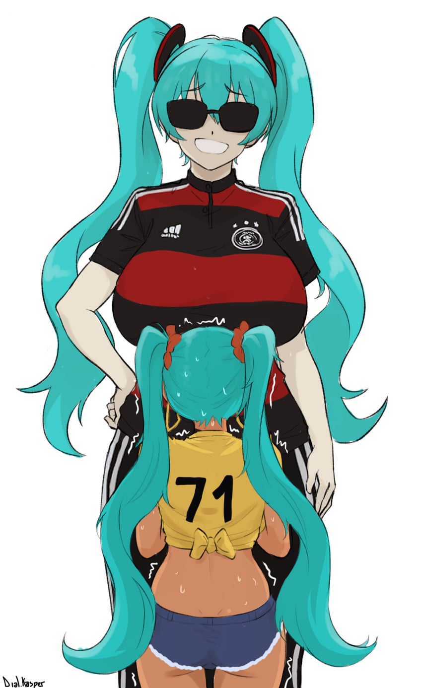 2girls big_ass big_butt bigger_female blue_eyes blue_hair brazil brazilian brazilian_female brazilian_miku dialkasper germany_miku gigantic_breasts hatsune_miku huge_breasts latin_american_hatsune_miku_(meme) light-skinned_female light_skin long_hair massive_breasts short_shorts size_comparison soccer_uniform sunglasses tan-skinned_female tan_body tanned_female tanned_skin twintails very_long_hair vocaloid voluptuous voluptuous_female