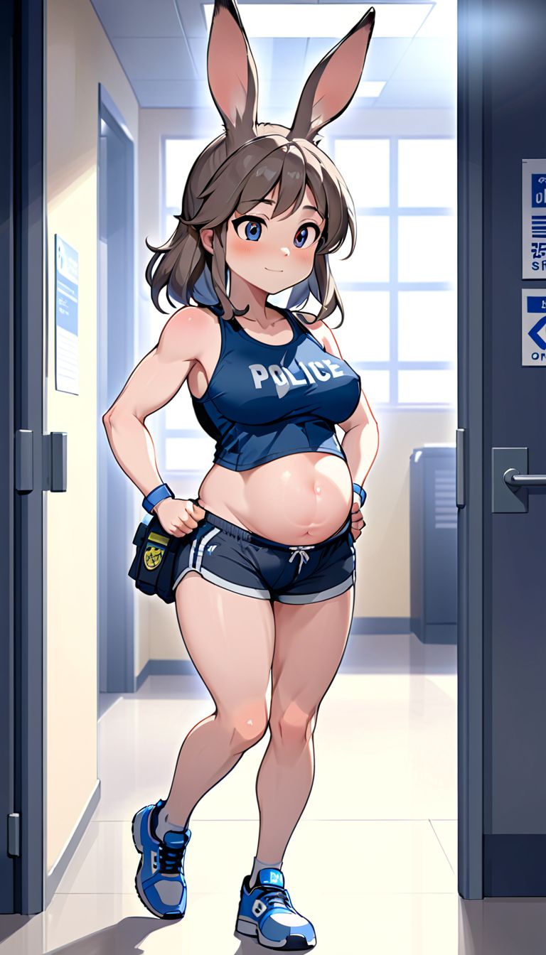 ai_generated animal_ears bunny_ears happy jogging_outfit perky_breasts police pregnant