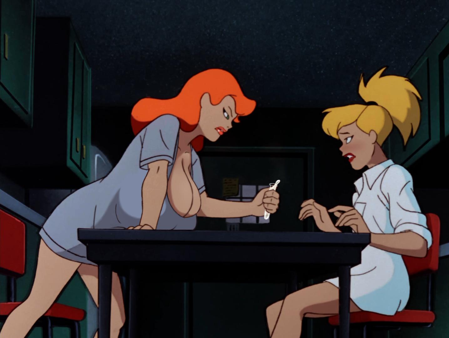 2girls alternate_breast_size angry batman:_the_animated_series batman_(series) big_breasts biting_lip blonde_hair blue_eyes blush canonical_scene cartoon_network chair cleavage clothes clothing cum dc_comics dcau dr._harleen_quinzel edit female female_only harleen_quinzel harley_quinn huge_breasts human hyper_breasts inside leaning leaning_forward leaning_on_object lipstick looking_at_another multiple_girls poison_ivy poison_ivy_(dcau) ponytail red_hair screenshot screenshot_edit semen sitting table test_tube yetig