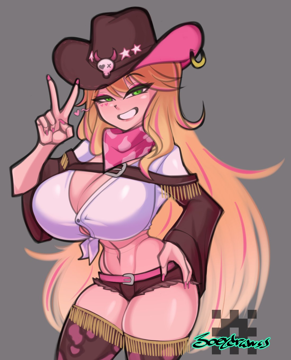 1girls belly_button blonde_hair breasts cleavage cowgirl female female_only green_eyes hat heart heart_tattoo huge_breasts joeydrawss lulu_lasso nexas_live pink_nails solo tattoos v virtual_youtuber