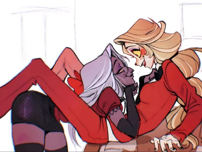 charlie_morningstar_(hazbin_hotel) hazbin_hotel lesbian_couple lesbian_domination playful playful_smile short_top tall_bottom teasing vaggie_(hazbin_hotel) yuri