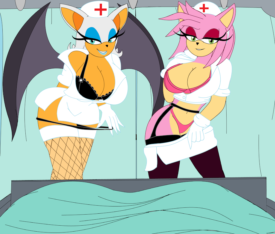 amy rose, bat, big breasts, bra, breasts, cbear624, female, gloves, hedgehog, hospital, nurse, nurse cap, nurse uniform, panties, rouge the bat, sega, sonic (series), undressing