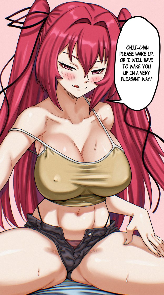 1girls bed big_breasts black_ribbon camisole cleavage clothing erect_nipples erect_nipples_under_clothes female female_focus hair_ribbon large_breasts male_pov naruse_mio naughty_face panties pink_panties pov pov_crotch red_eyes red_hair ribbon shinmai_maou_no_testament shinsaku short_shorts shorts twintails unbuttoned