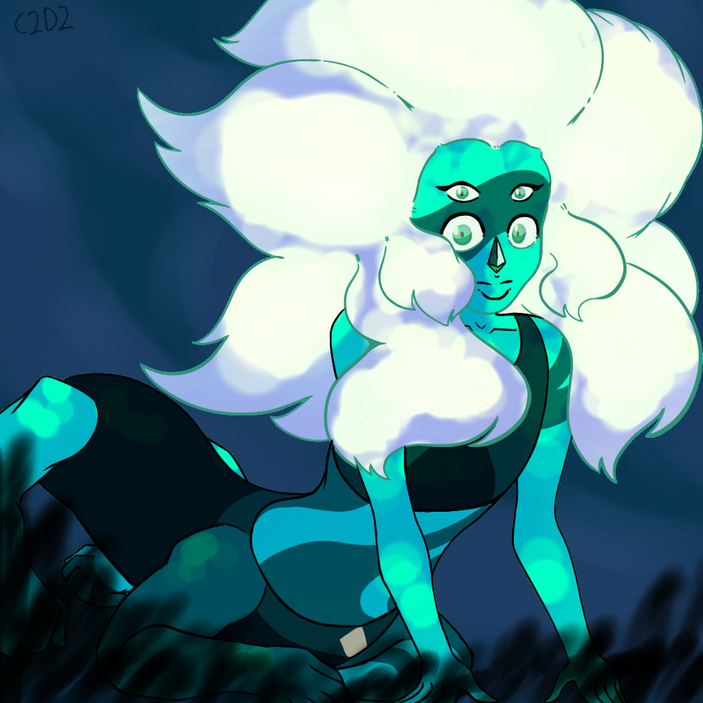 4_eyes 6_arms blue_background c2d2 color digital_media_(artwork) female female_focus gem_(species) green_body green_eyes malachite_(steven_universe) seaweed shaded steven_universe two_tone_body underwater white_hair