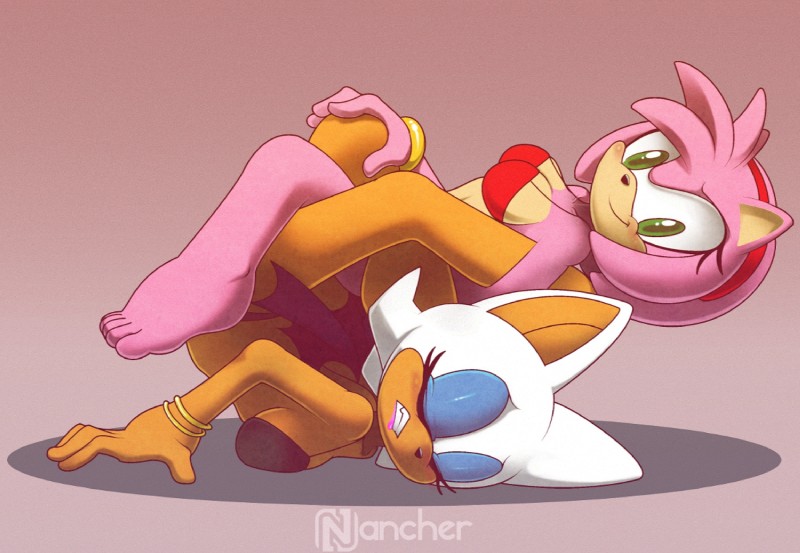 2girls amy_rose boston_crab breasts catfight female females_only fight fighting nancher pink_fur pink_hair rouge_the_bat sega sonic_(series) sonic_the_hedgehog_(series) white_fur white_hair wrestling