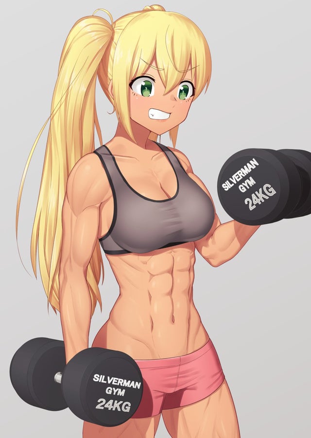 1girls, blonde hair, dark skin, dark-skinned female, dumbbell nan kilo moteru?, female, female only, flexing, green eyes, gyaru, human only, muscular, muscular female, sakura hibiki, solo, solo female, sports bra, tagme