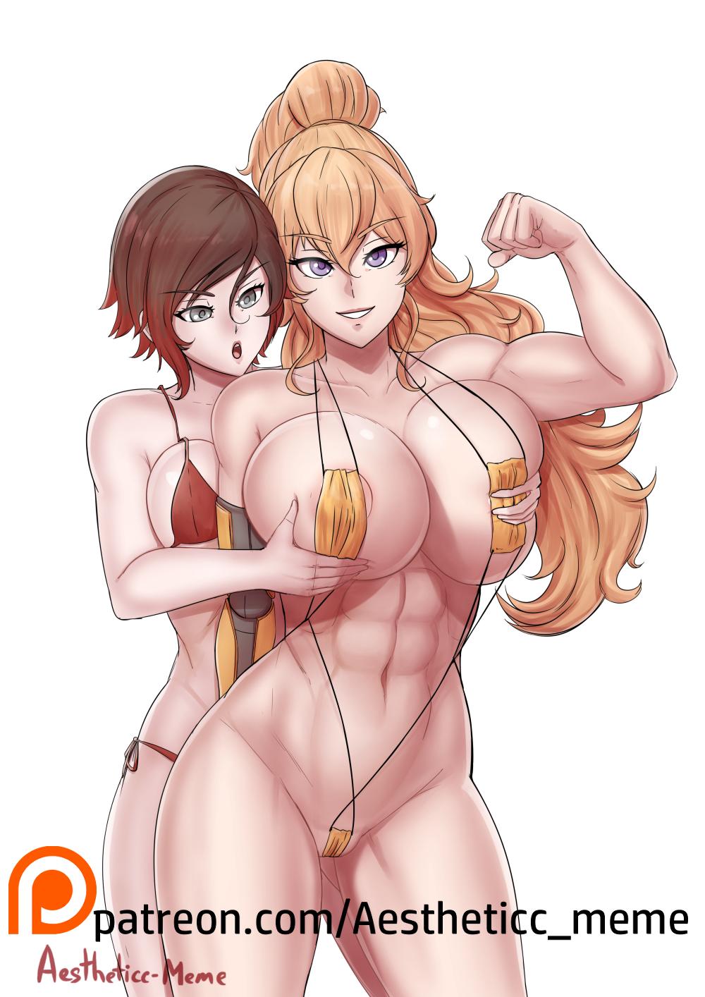 2girls, abs, aestheticc-meme, ahoge, annoying watermark, areolae, armpits, belly, big breasts, bikini, blonde hair, blue eyes, breast grab, breasts, brown hair, cleavage, female, female only, flexing, from behind, grey eyes, grin, groping, half-closed eyes, higher resolution available, huge breasts, human, large breasts, long hair, looking at viewer, multiple females, multiple girls, muscles, muscular, muscular arms, muscular female, navel, patreon, patreon logo, patreon username, ponytail, pose, prosthetic, prosthetic arm, purple eyes, reach around, robotic arm, ruby rose, rwby, short hair, side-tie bikini, sling bikini, smile, standing, teeth, thick thighs, thin waist, url, watermark, white background, wide hips, yang xiao long, yuri