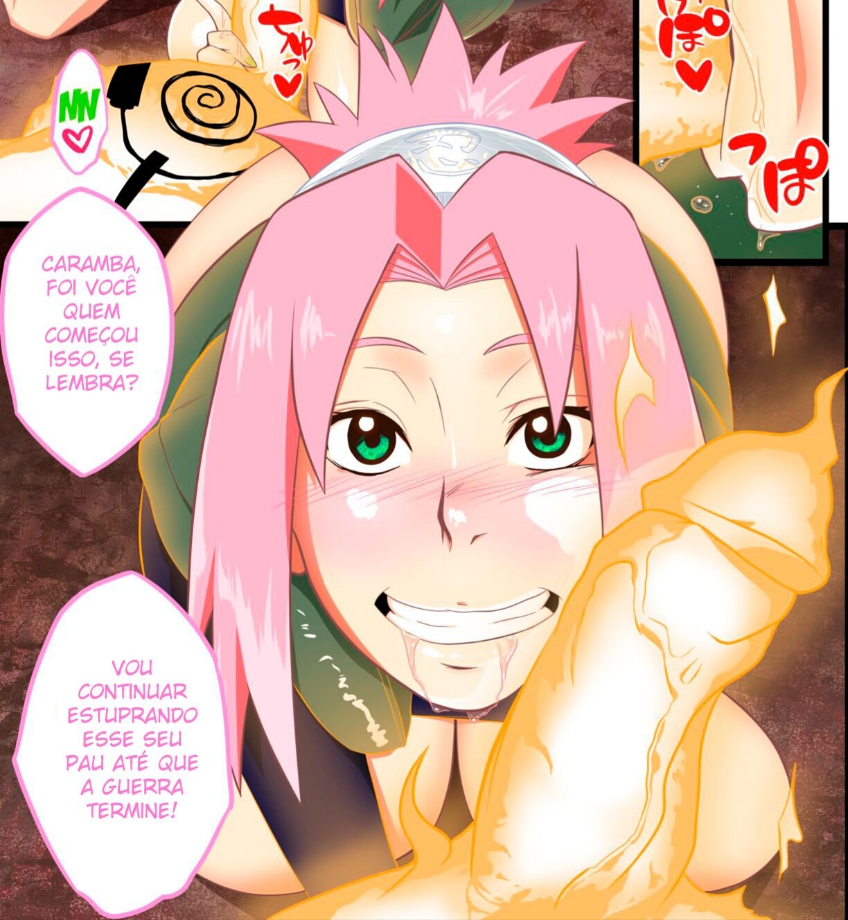 1boy, 1girls, comic, female, green eyes, male, naruto, naruto (series), naruto shippuden, penis, pink hair, portuguese text, pov, sakura haruno, sunahara wataru, text, uzumaki naruto
