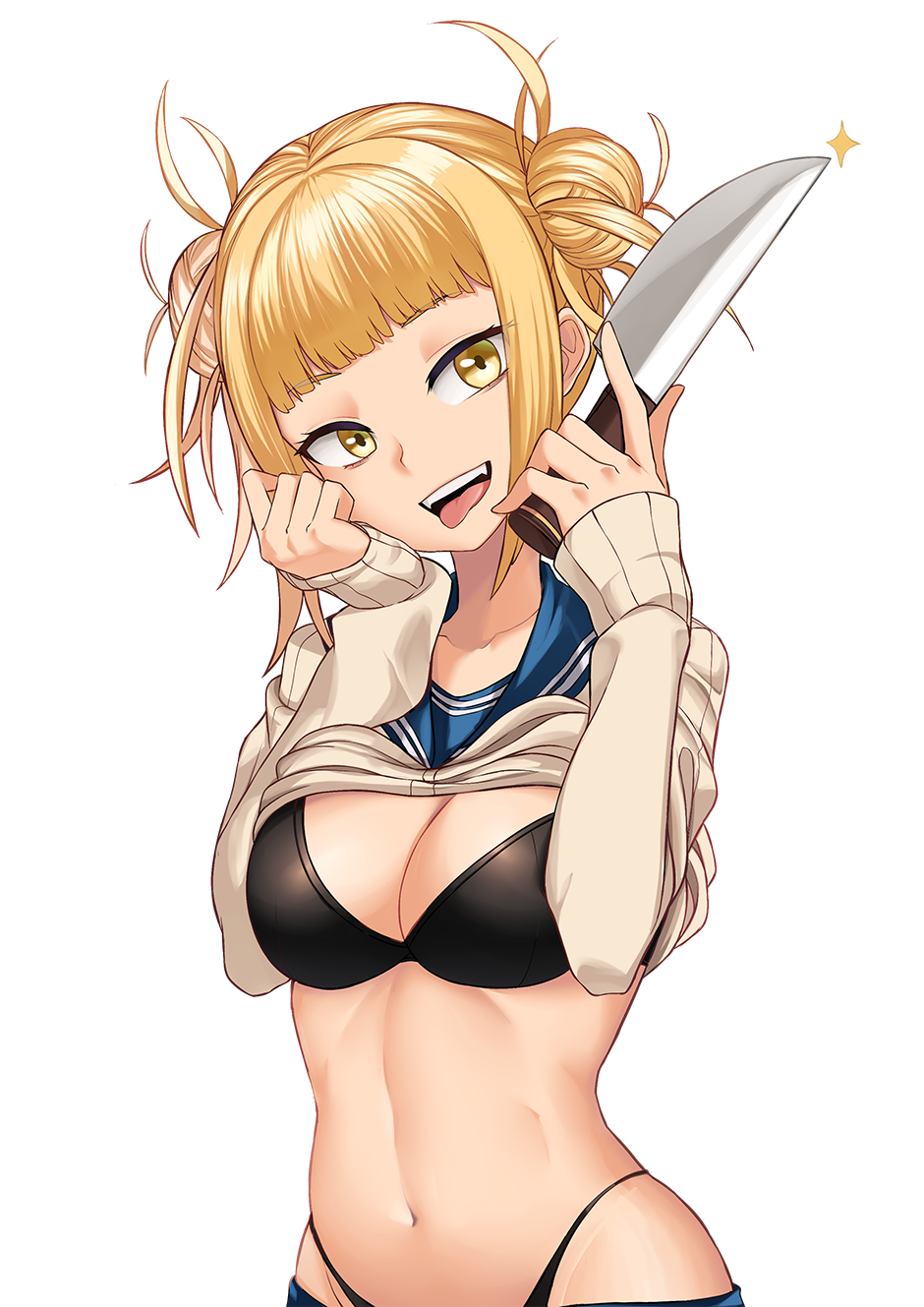 1girls abs aori_sora bangs black_bra black_panties blonde_hair blunt_bangs bra breasts cardigan cleavage double_bun eye_contact fangs female female_only half-closed_eyes highleg himiko_toga knife looking_at_viewer messy_hair my_hero_academia navel open_mouth panties school_uniform simple_background skirt skirt_down smile solo sparkle toned tongue tongue_out underwear weapon white_background yellow_eyes