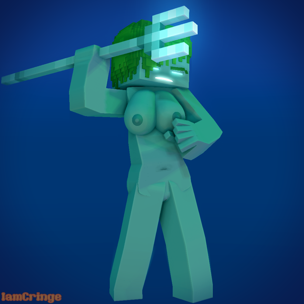 3d big_breasts blue_eyes blue_skin character drowned drowned_(minecraft) female green_hair iamcringe mine-imator minecraft monster monster_girl nude pussy sea tagme underwater weapon zombie_girl