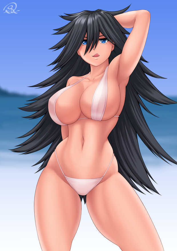 1girls, arm behind head, arm up, armpit, beach, bikini, black hair, blue eyes, breasts, cleavage, female, hair between eyes, highleg, highleg bikini, large breasts, long hair, looking at viewer, midnight (my hero academia), my hero academia, navel, nemuri kayama, ocean, outdoors, rocky-ace, sand, solo, swimsuit, tongue, tongue out, very long hair, water