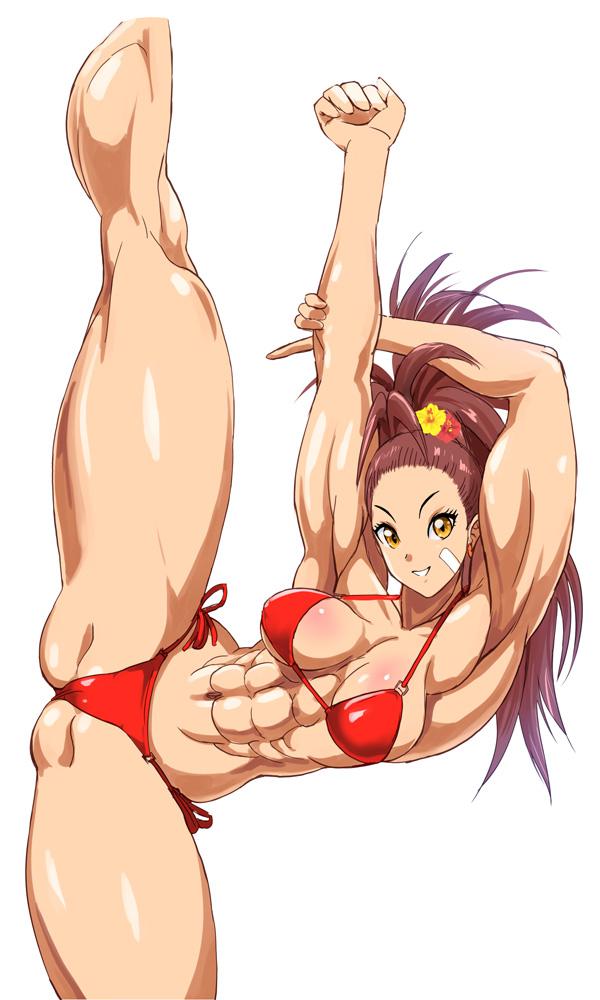 1girls, abs, arms up, bikini, breasts, captain mizuki, female, female only, large breasts, leg up, looking at viewer, muscular, muscular female, one-punch man, red bikini, side-tie bikini, simple background, smile, solo, standing, standing on one leg, stretching, swimsuit, white background
