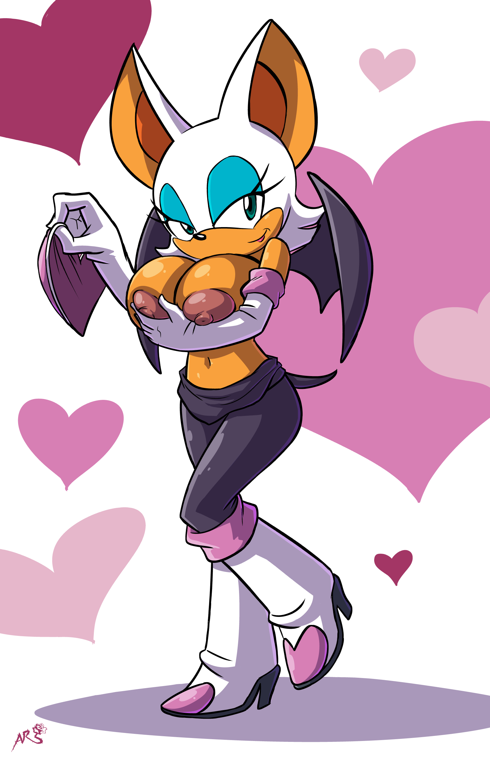 anthro, axel-rosered, belly button, big areola, big breasts, big nipples, breasts, breasts out, cleavage, erect nipples, eyelashes, eyeshadow, female, female only, heart background, heels, huge breasts, large breasts, looking at viewer, navel, nipples, rouge the bat, seductive, sega, smiling, sonic (series), sonic the hedgehog (series), top heavy, topless, unitard, white boots, white gloves