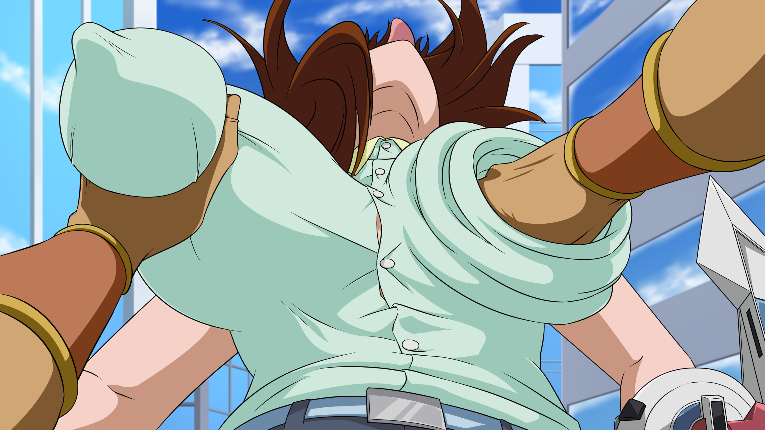 1girls, alternate breast size, breast grab, breast punch, breasts, brown hair, female, huge breasts, punch, tea gardner, yu-gi-oh!, yuu-gi-ou duel monsters