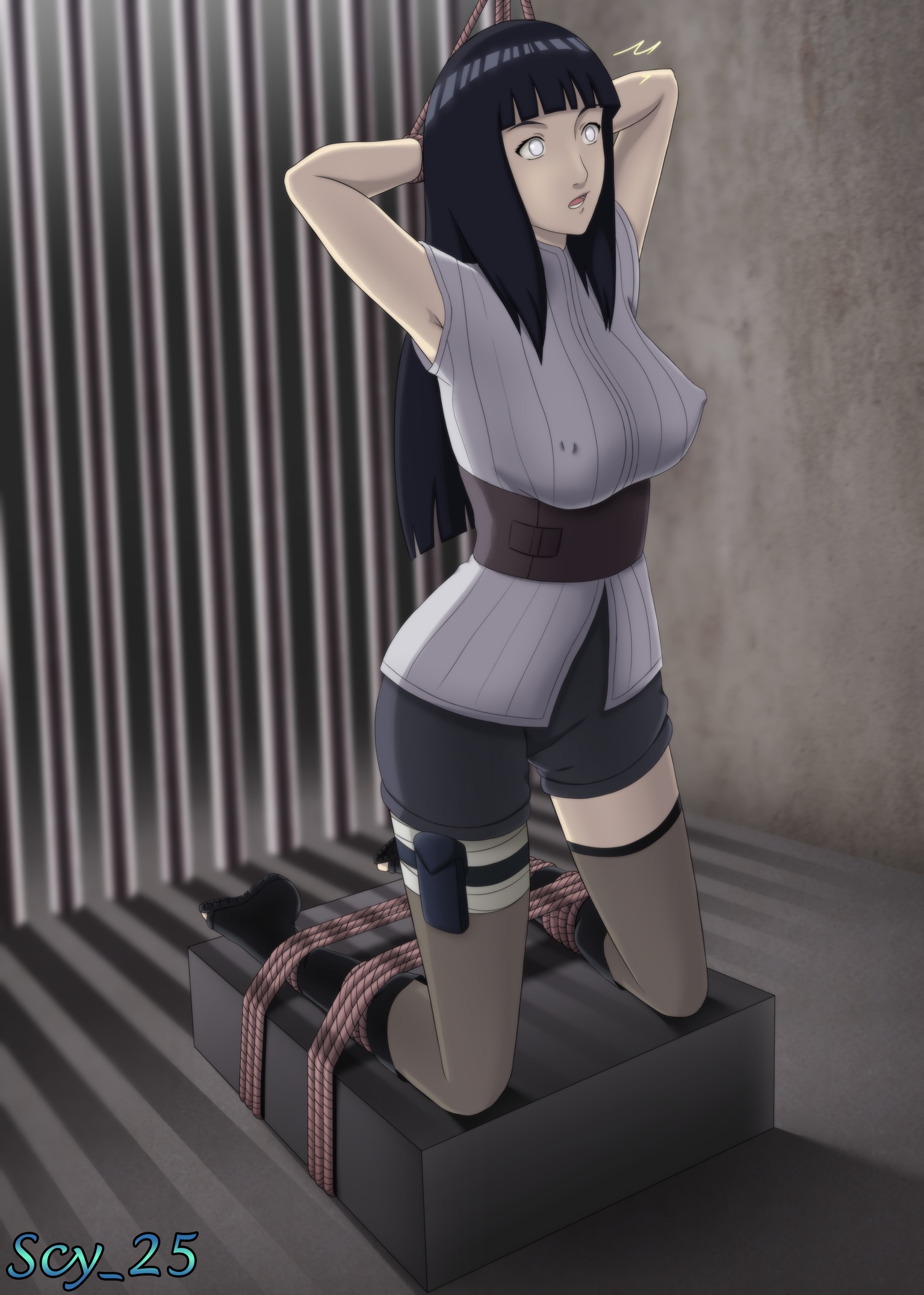 1girls, armpits, arms behind head, blue hair, bondage, boots, clothing, erect nipples, female, female only, footwear, fully clothed, hands behind head, hyuuga hinata, hyuuga hinata (naruto: the last), indoors, inside, knee boots, kneehighs, long hair, naruto, naruto (series), naruto shippuden, naruto: the last, nipple bulge, nipples, on knees, platform, pokies, prison, prisoner, rope, rope bondage, scy 25, short shorts, shorts, slave, slave girl, soles, solo, solo female, solo focus, thighhighs, tied hands, tied up, white eyes