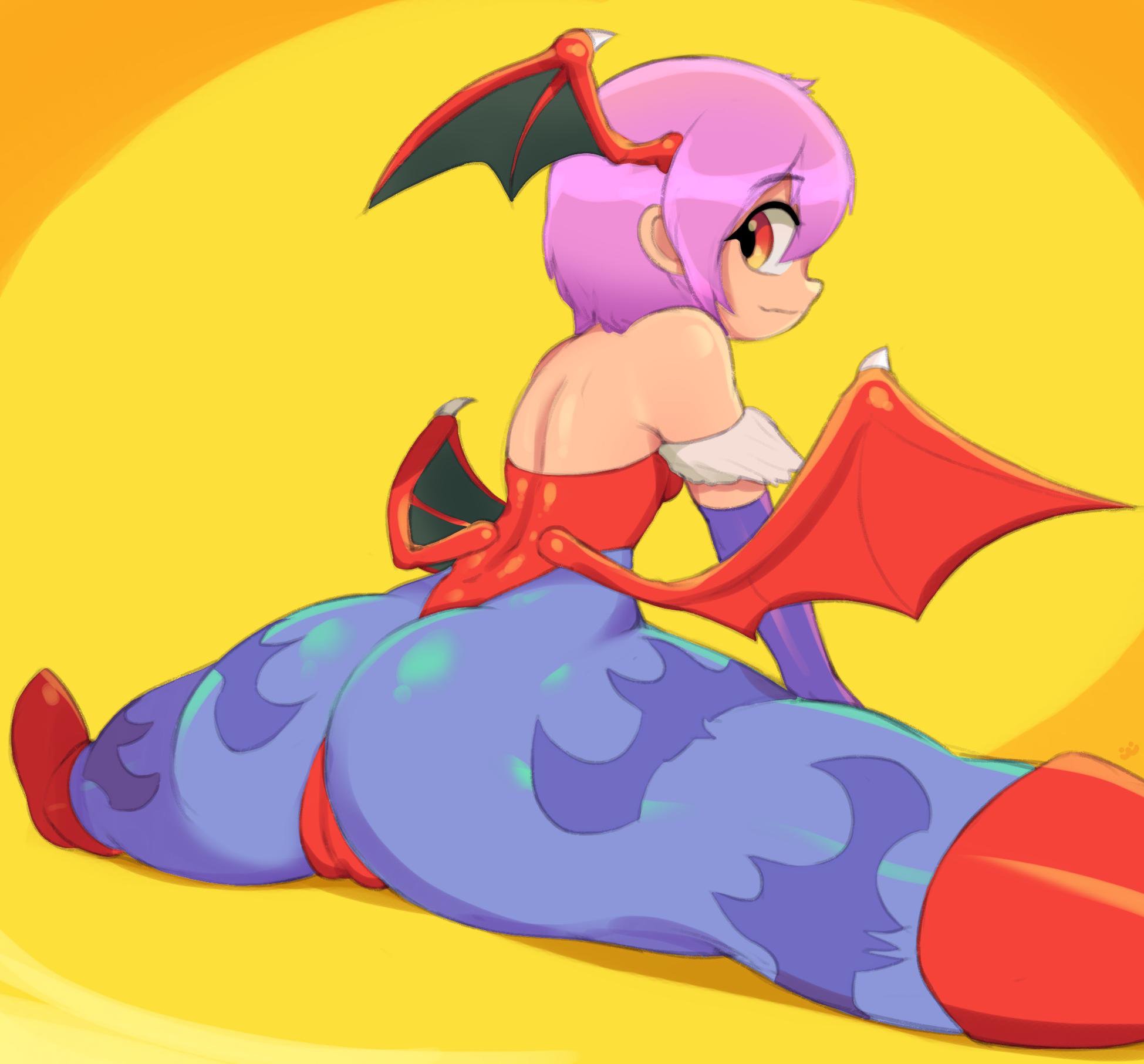 1girls, ass, bare shoulders, capcom, clothing, darkstalkers, demon, demon girl, elbow gloves, female, female only, flat chest, head wings, leotard, lilith aensland, pink hair, solo, splits, spread legs, succubus, superwagon64, thick thighs, wings