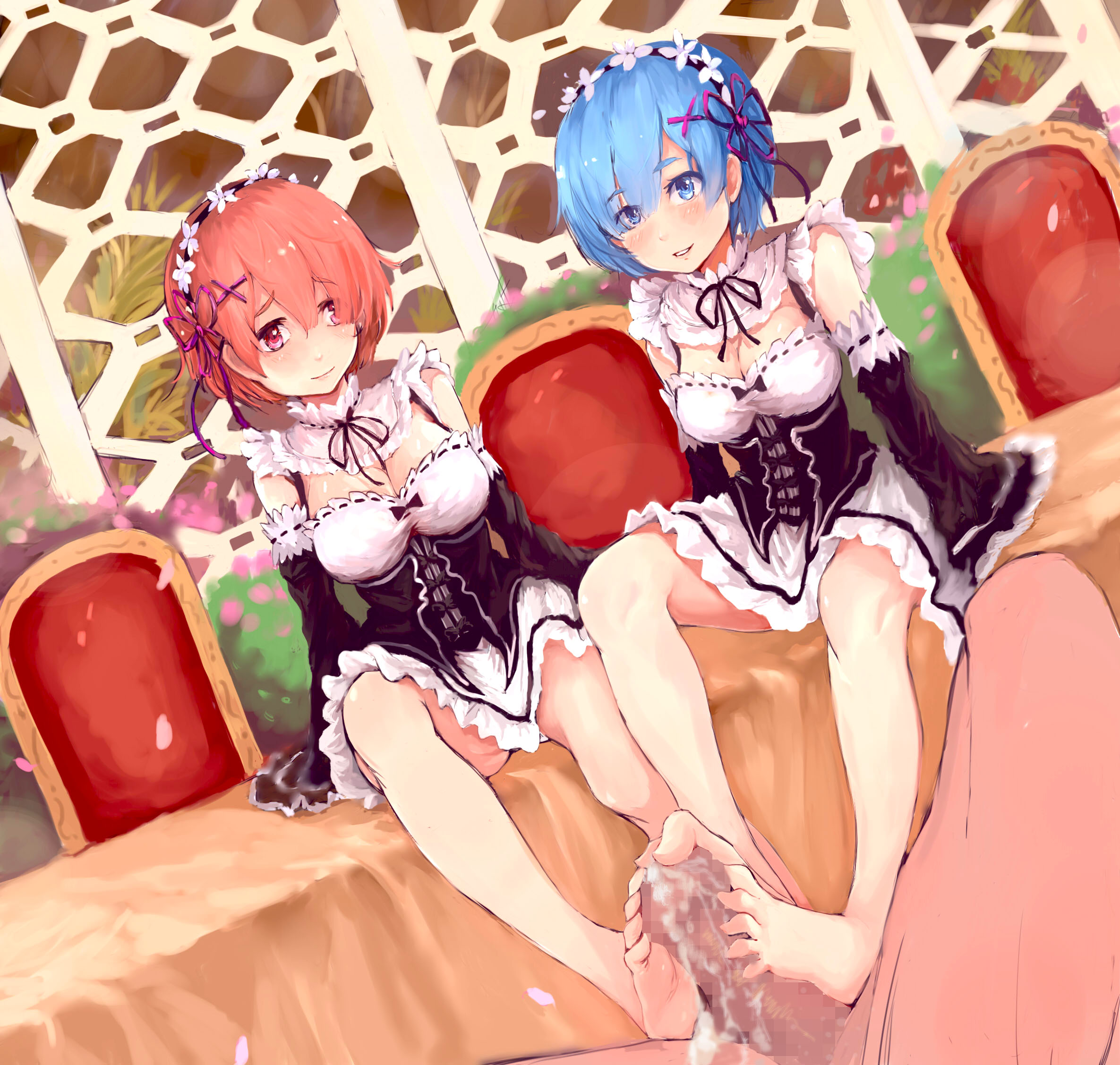 barefoot, censored, clothed, clothed female nude male, cum, cum on feet, cum on self, dress, feet, female, femdom, foot fetish, footjob, looking down, maid, maid uniform, male, penis, ram (re:zero), re:zero kara hajimeru isekai seikatsu, rem (re:zero), sisters, sitting on table, smile, twins, xiao miao