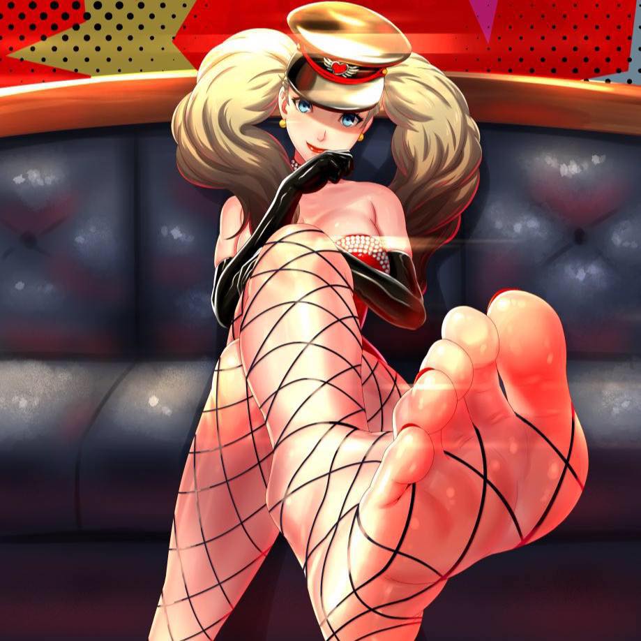 1girls, amaaay zing, ann takamaki, bare shoulders, big breasts, blonde hair, blue eyes, breasts, clothed female, dress, feet, female, female only, fishnets, foot focus, hat, human, large breasts, leggings, long hair, nail polish, persona, persona 5, persona 5: dancing star night, pov feet, red lipstick, sitting, sleeves, soles, solo, toenail polish, toes, twintails