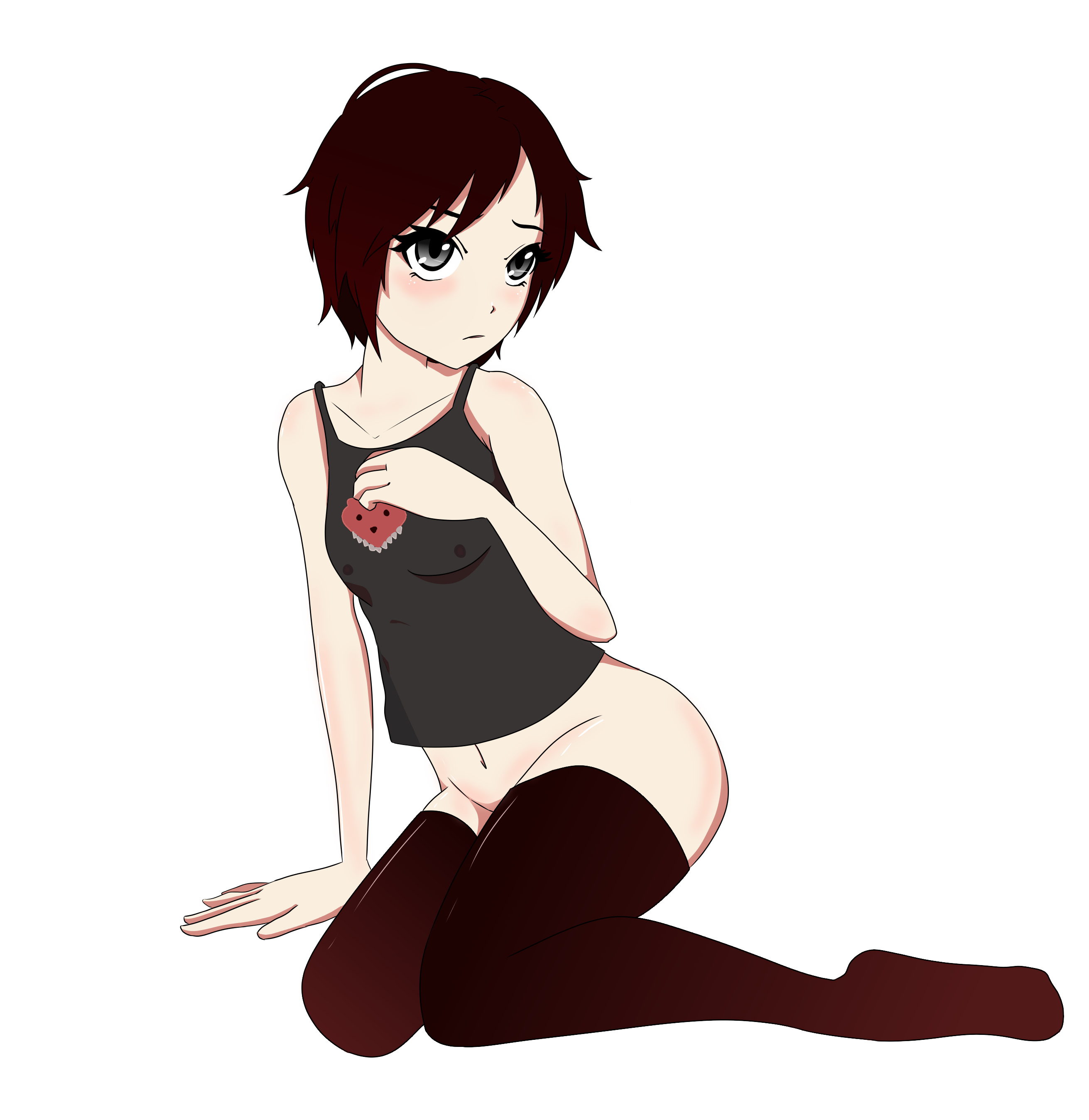 blush, bottomless, breasts, female, female only, innocent, looking at viewer, pajamas, red hair, ruby rose, rwby, see-through, shopkeeper (artist), short hair, shy, silver eyes, small breasts, smaller female, thick thighs, thighhighs, thighs