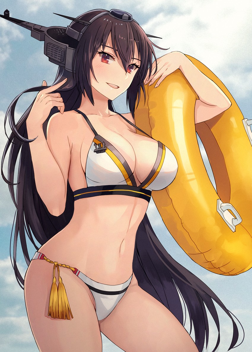 1girls adapted_costume alternate_costume bangs bikini black_hair blush breasts cleavage cloud collarbone female female_focus female_only headgear innertube kantai_collection kasumi_(skchkko) large_breasts long_hair looking_at_viewer nagato_(kantai_collection) navel outdoors red_eyes sky solo solo_female solo_focus standing swimsuit tassel very_long_hair white_bikini