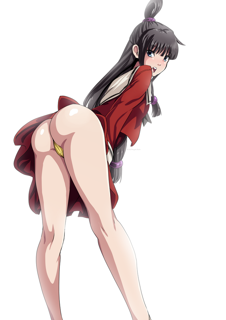 1girls, ass, black hair, capcom, clothing, female, female only, gyakuten saiban, maya fey, panties, presenting, presenting hindquarters, solo, the dark mangaka, thong, video games, white background, yellow thong
