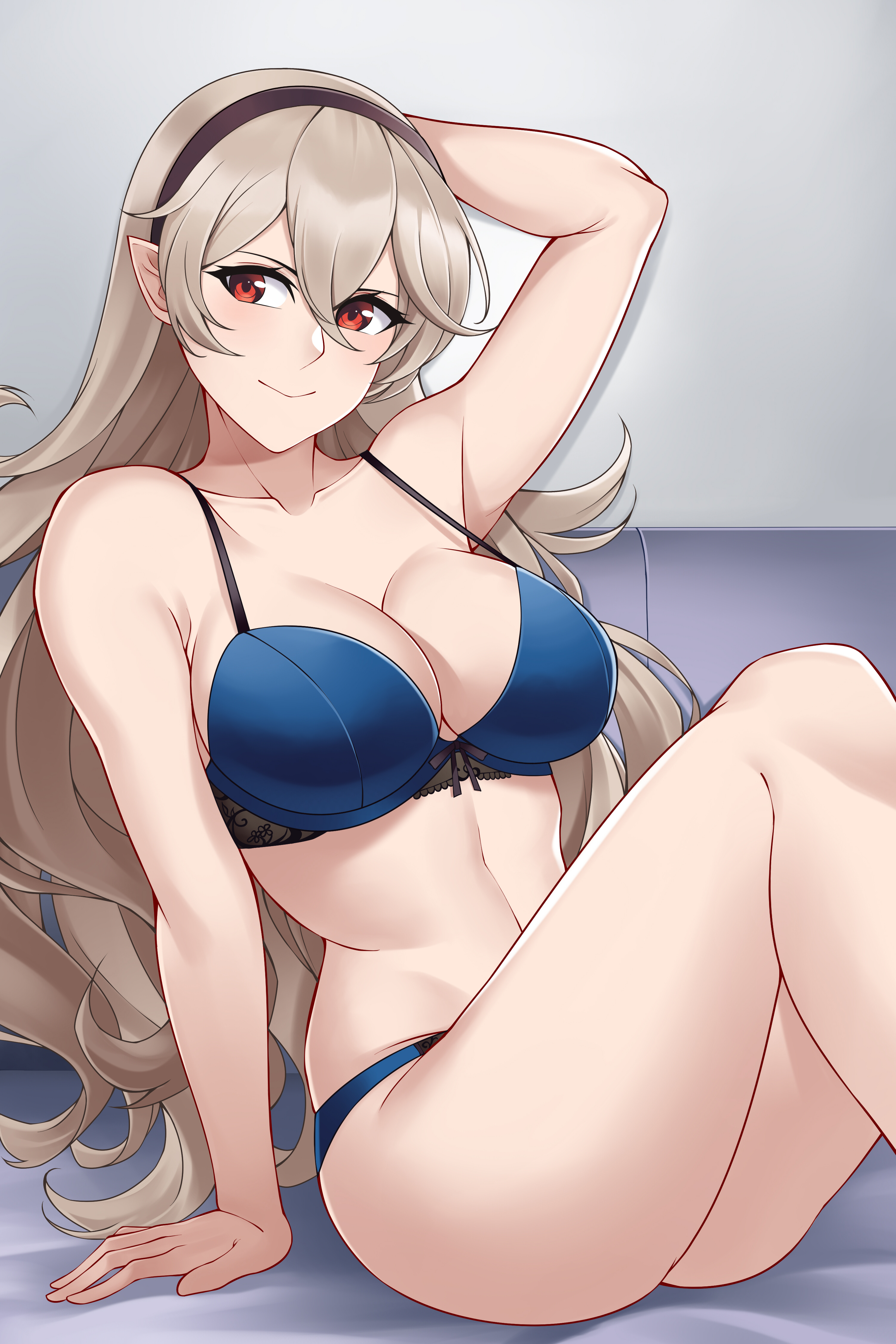 1girls, arms behind head, aslindsamure, blonde hair, blue bra, blue lingerie, corrin (fire emblem), corrin (fire emblem) (female), female, fire emblem, fire emblem fates, lingerie, manakete, nintendo, red eyes, sitting on bed, solo
