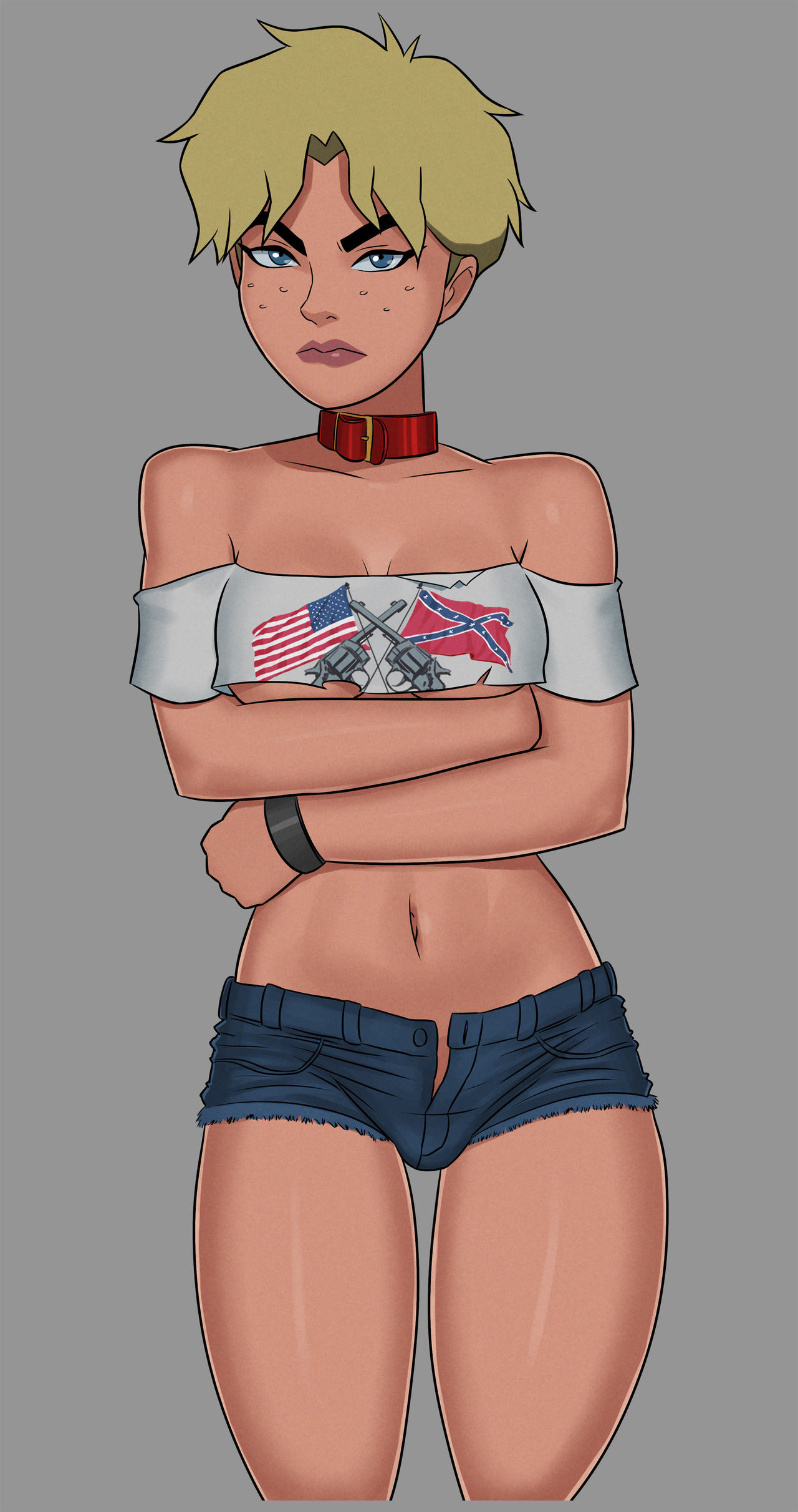 1girls american_flag blonde_hair blue_eyes collar confederate_flag confederate_flag_shirt confederate_flag_t-shirt crop_top cutoffs daisy_dukes dc dc_comics dcamu denim denim_shorts female female_only freckles jean_shorts short_hair shorts slutty_outfit solo sunsetriders7 tagme tara_markov teen_titans teen_titans:_the_judas_contract terra_(dc) terra_(dcamu)